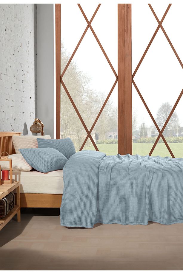 Hawaii Mavi %100 Pamuk Tek Kişilik 160x240cm Waffle Saçaksız Yatak Örtüsü/1 Adet 50x70cm Yastık - 5