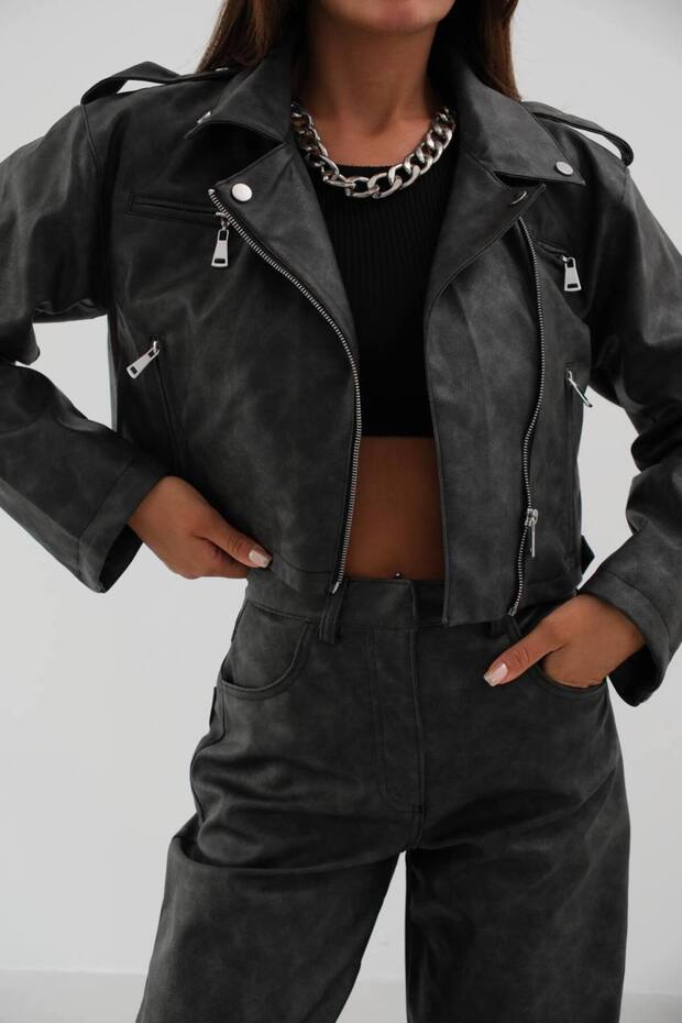 New Season Antique Effect Zipper Detailed Crop Women's Gray Leather Jacket 24W08022