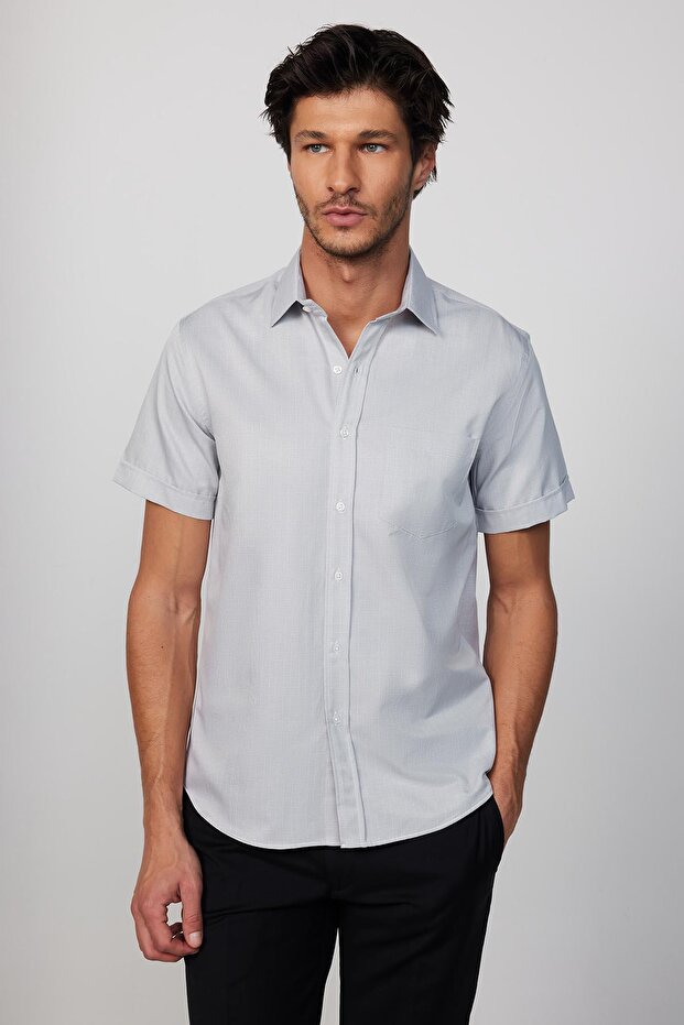 Classic Fit Short Sleeve Buttoned Collar Single Pocket Summer Cotton Gray Men's Shirt