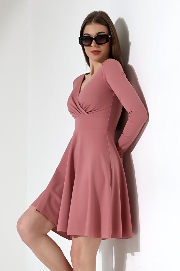 Pudra Kruvaze Yaka Krep Kumaş Uzun Kol Kloş Elbise - 3