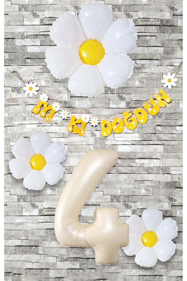 Daisy Foil Balloon Beige 4 Years Old Balloon Set 5 Pieces