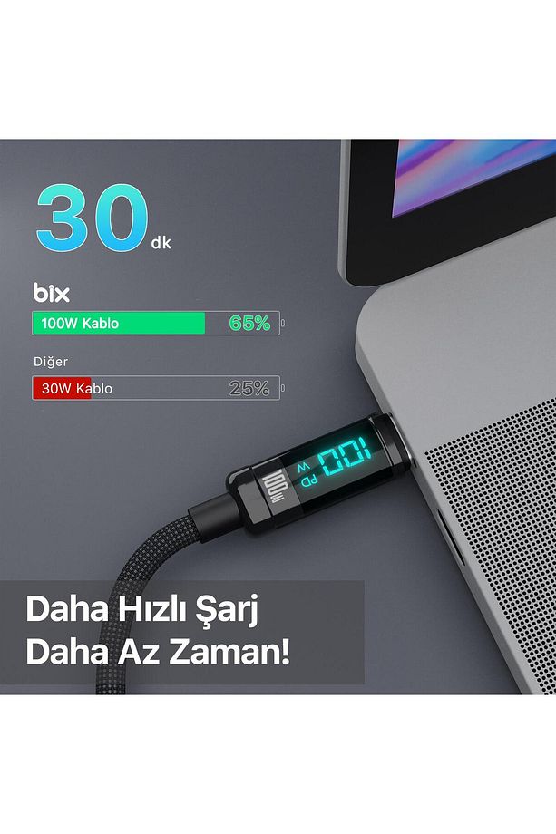 Type-c To Type-c 100w 480mbps E-marker Çipli Led Dijital Ekranlı Şarj Ve Data Kablosu 1 Metre Si - 5