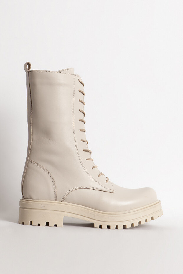 Deri̇club Women's Boots Thick Soled Zippered Daily Boots Real Leather Br 66159 Beige