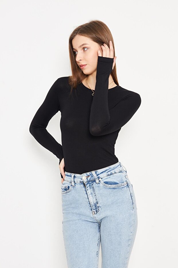 Women's Black Toe Detailed Crew Neck Lycra Bodysuit 199