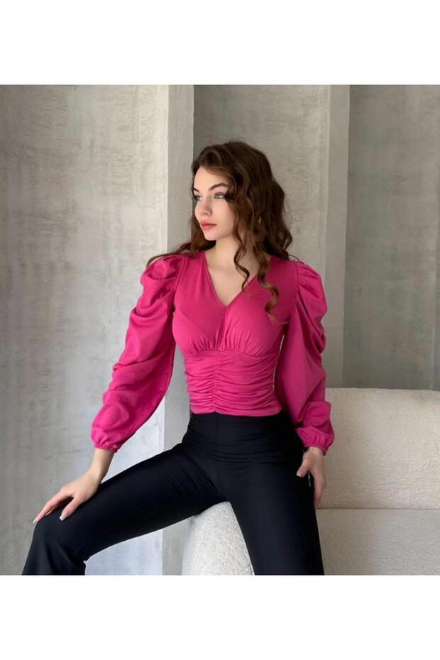 V Yaka Drape Detaylı Crep Bluz - 1