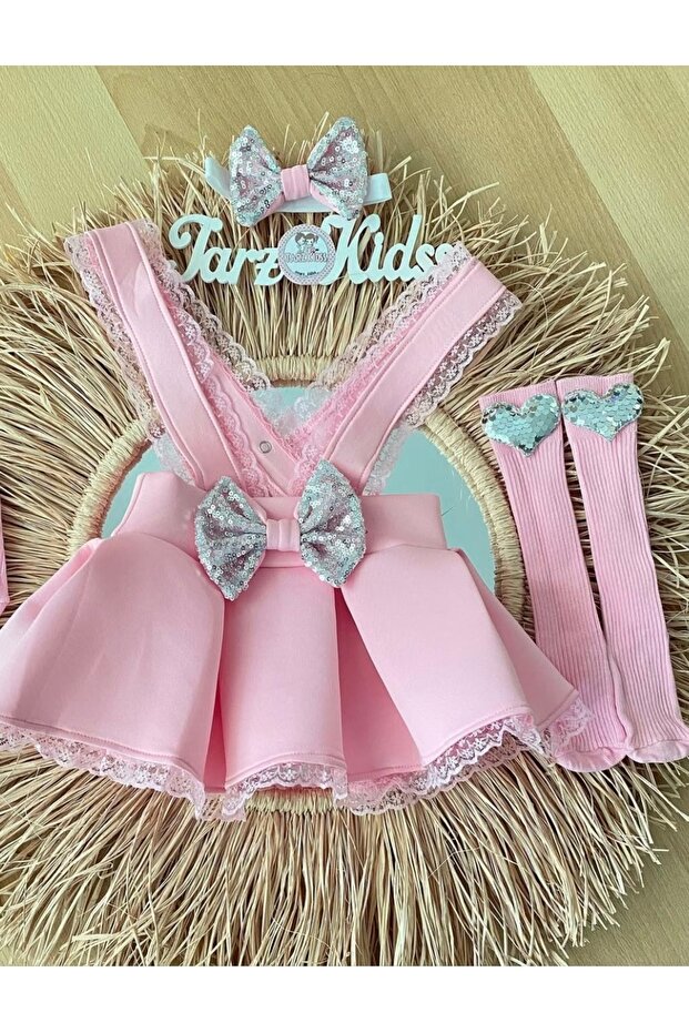 Girl's Pink Sequined, Lace Salopet Dress Suit