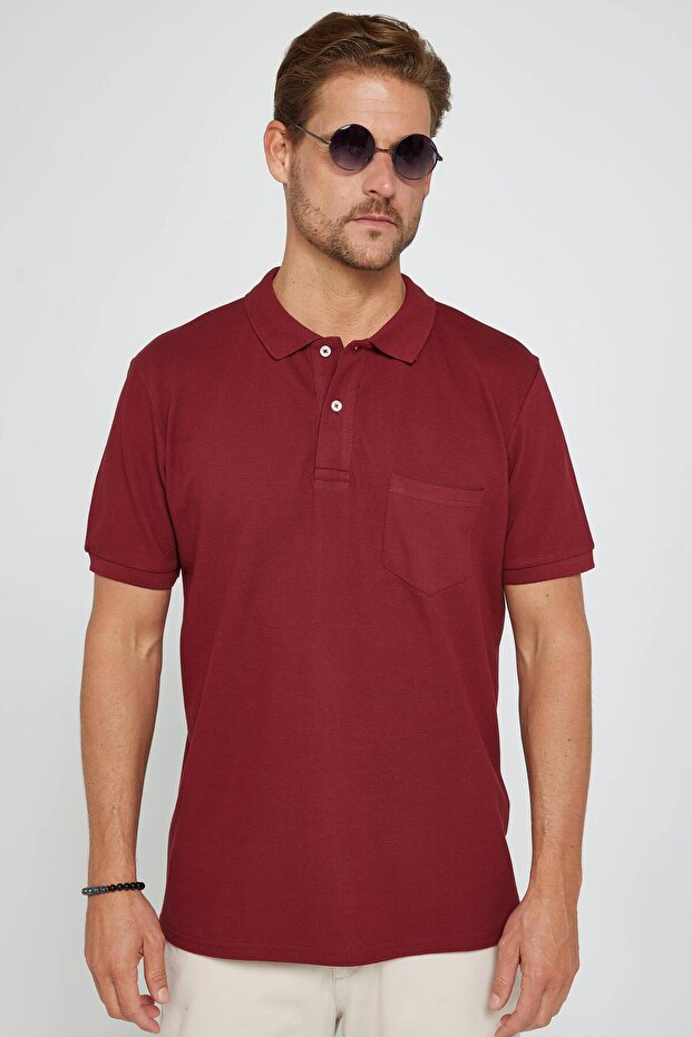 Men's Classic Fit Comfortable Cut 100% Cotton Plain Pique Claret Red Polo Collar T-Shirt