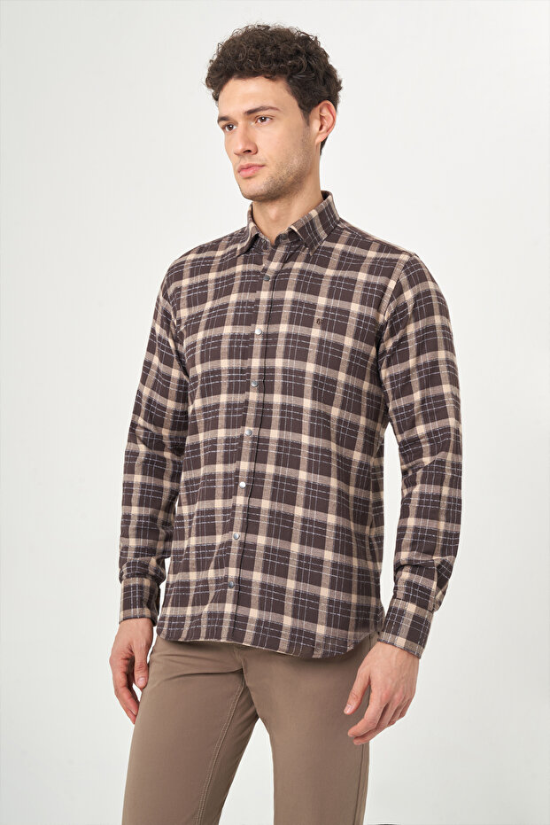 Regular Fit Uzun Kollu Kahve Flanel Erkek Gömlek - 1
