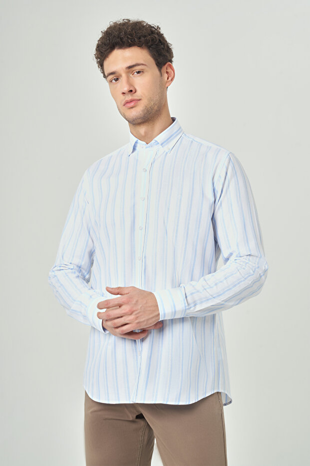 Regular Fit Uzun Kollu Mavi Klasik Erkek Gömlek - 1