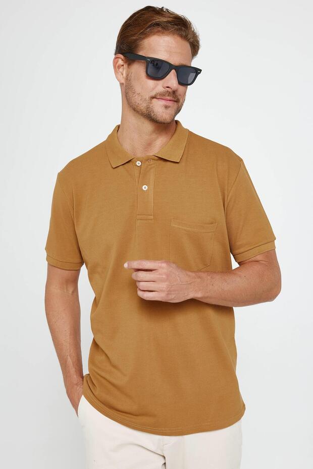 Men's Classic Fit Comfortable Cut 100% Cotton Plain Pique Brown Polo Collar T-Shirt