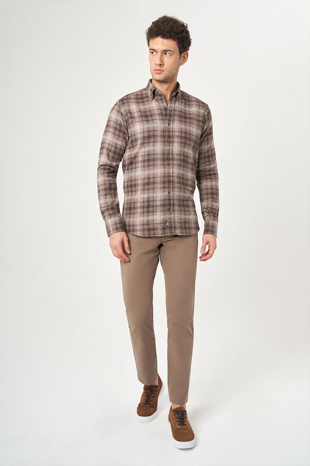 Regular Fit Uzun Kollu Kahve Flanel Erkek Gömlek - 5