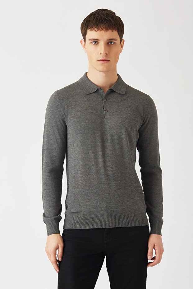 Erkek Basic Polo Yaka Triko Gri - 1