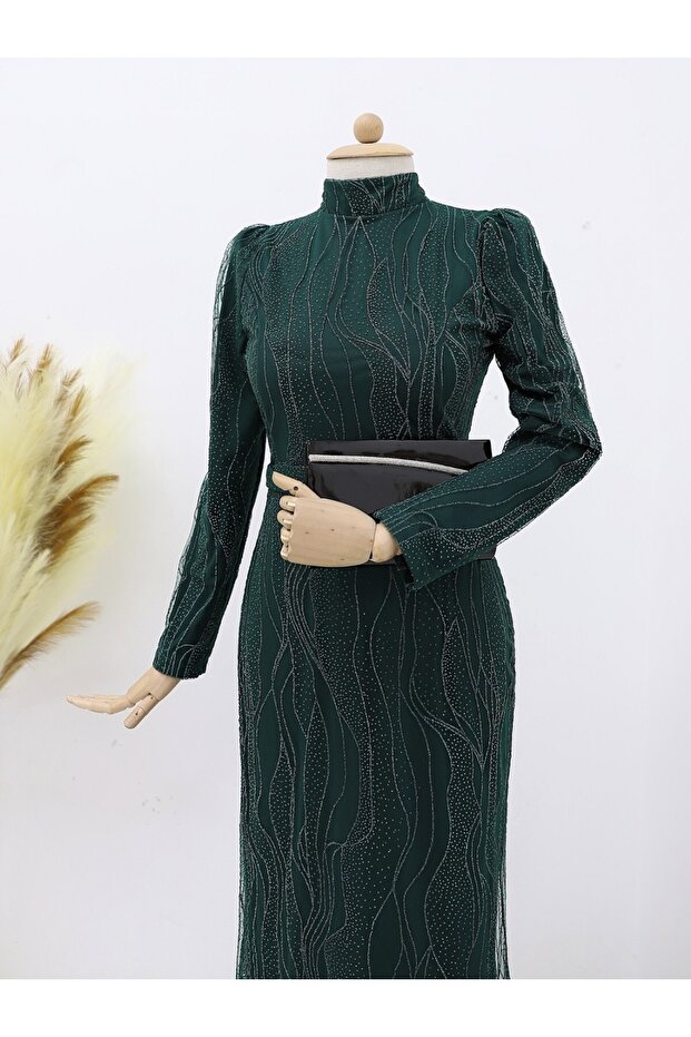 Patterned Glitter Evening Dress with Belt Detail
