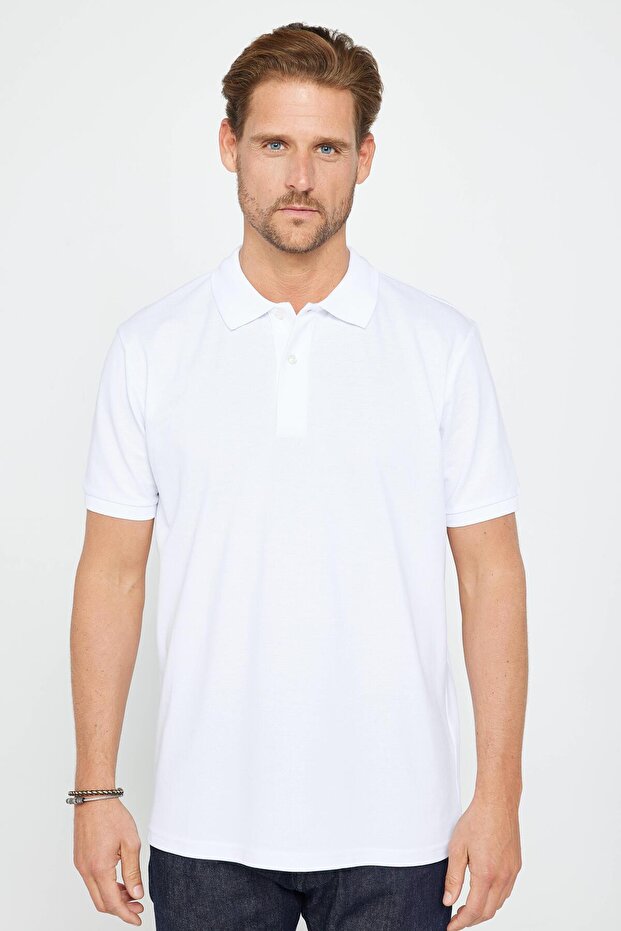Men's Classic Fit Comfortable Cut 100% Cotton Plain Pique White Polo Collar T-Shirt