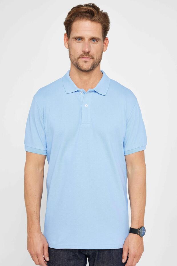 Men's Classic Fit Comfortable Cut 100% Cotton Plain Pique Blue Polo Collar T-Shirt