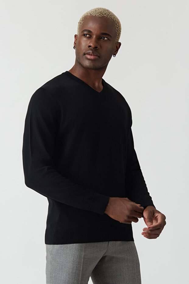 Basic V Yaka Siyah Erkek Triko - 1