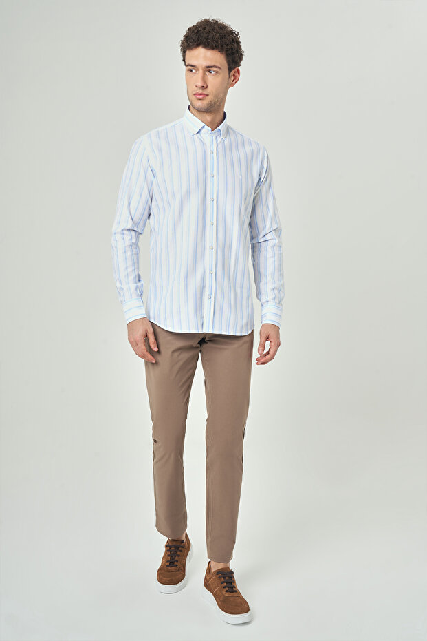 Regular Fit Uzun Kollu Mavi Klasik Erkek Gömlek - 4