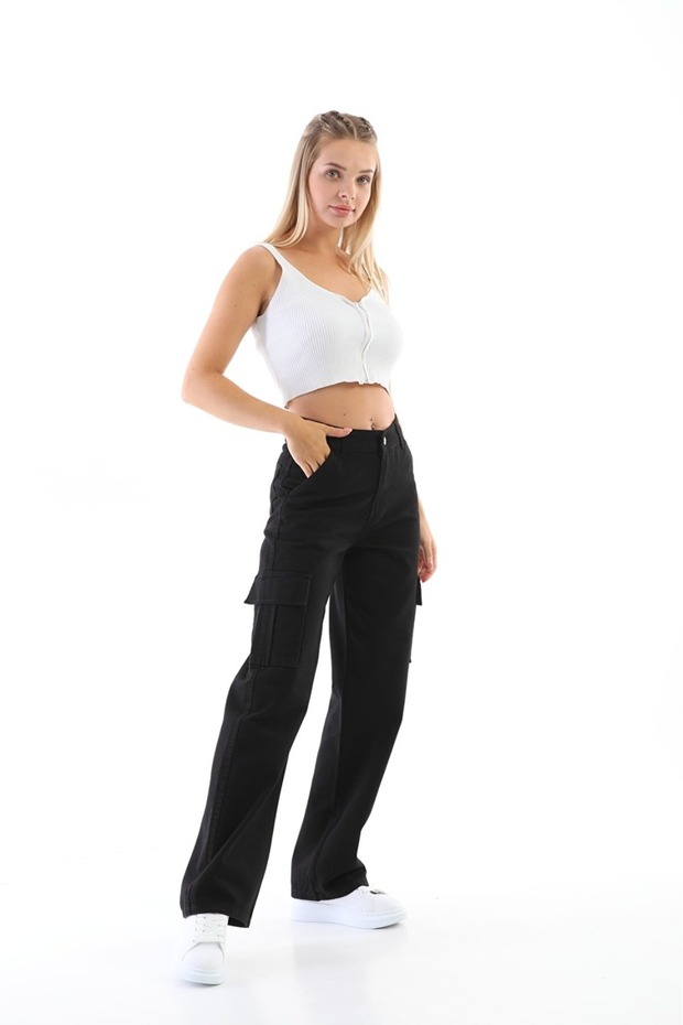 Vita Women's Black Colorfast Lycra Back Pocketless Model Cargo Pocket Palazzo Pants