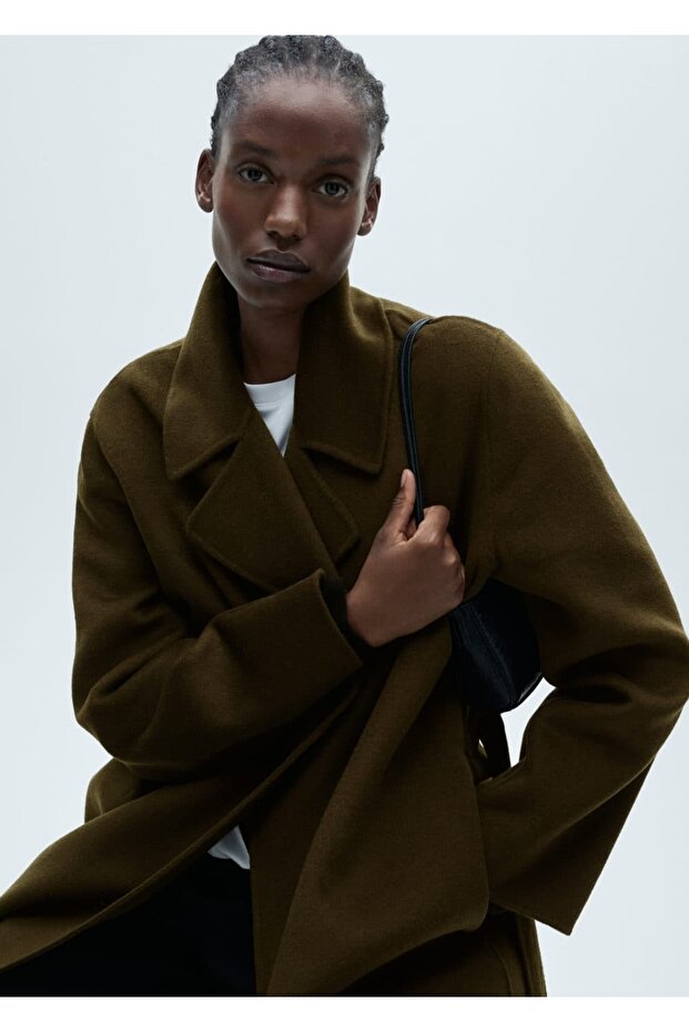 Ręcznie robiony długi płaszcz z paskiem - 5