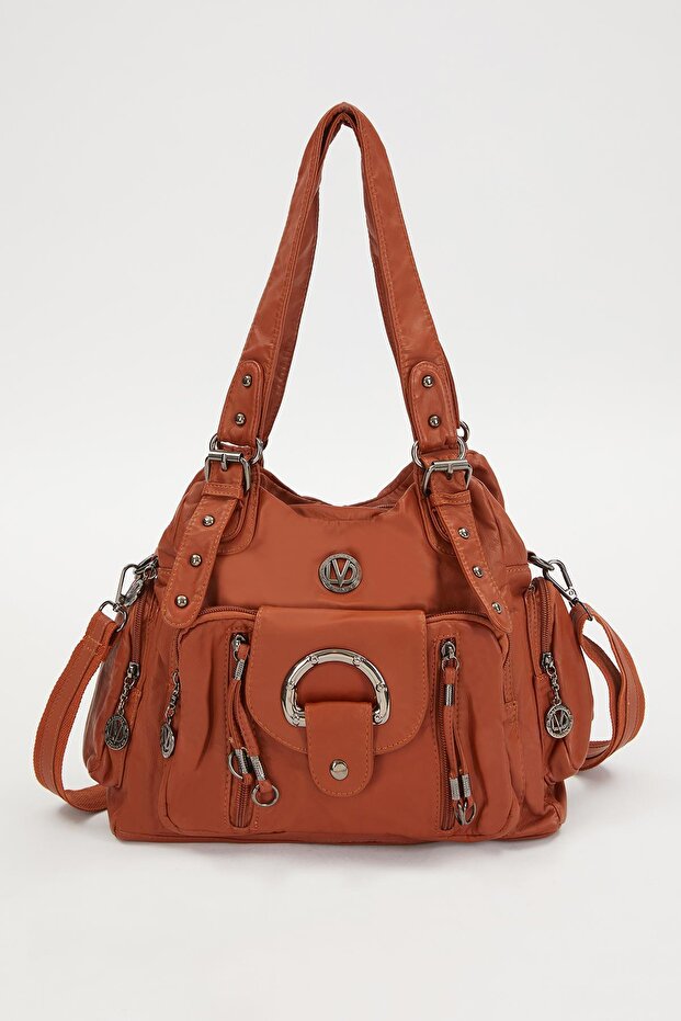 Tan Multi-Compartment Leather Shoulder Bag
