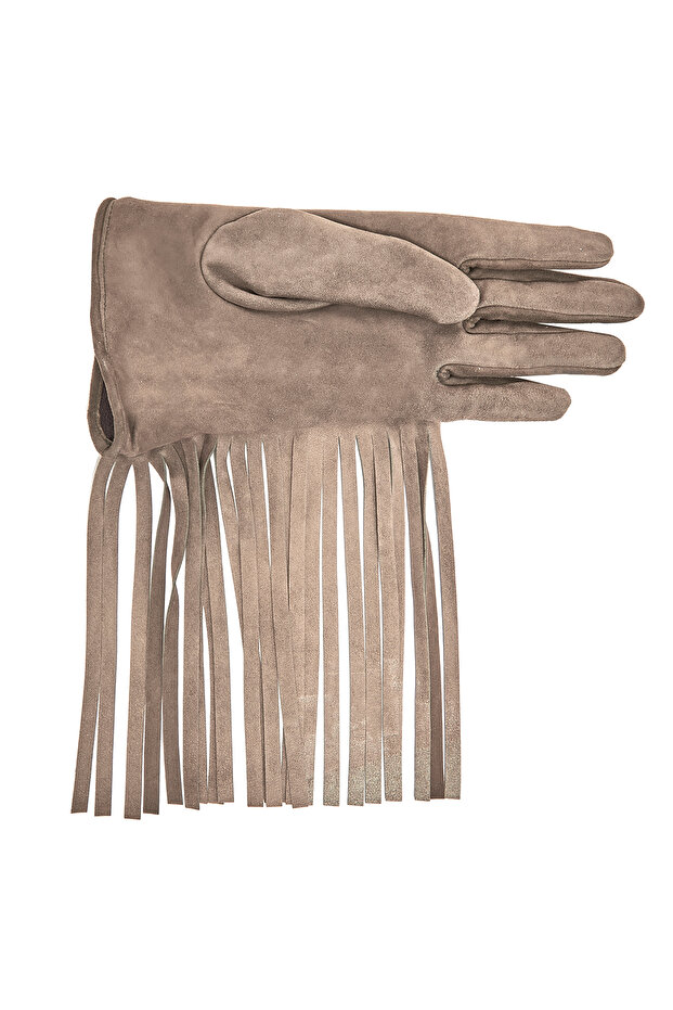Bej Kadın Püsküllü Süet Eldiven - 2