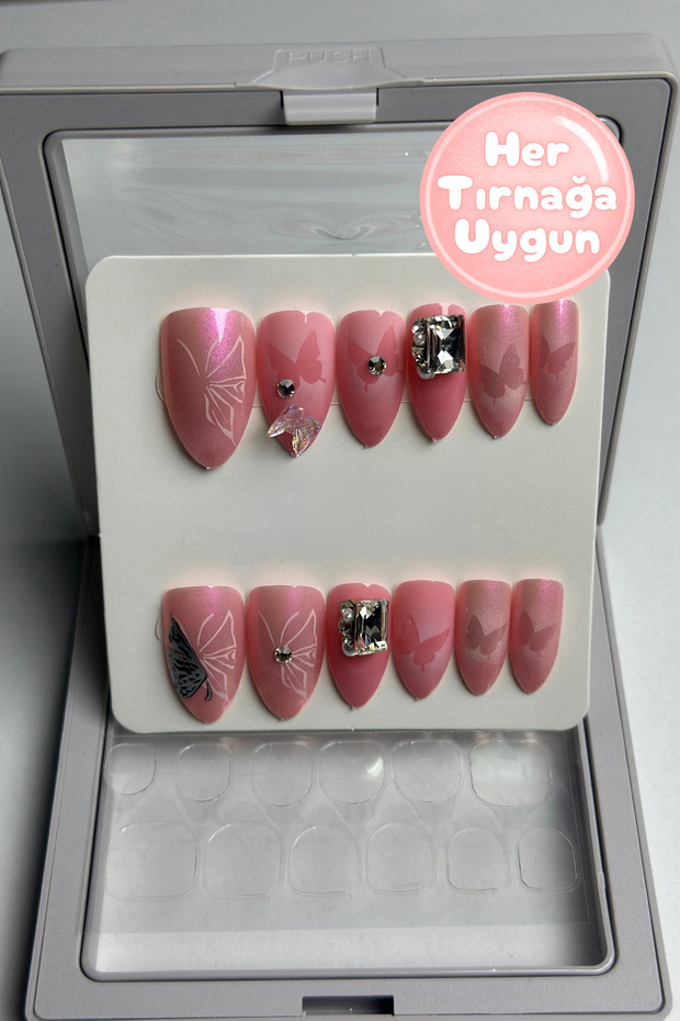 Pembe Taşlı Takma Tırnak (PROTEZ TIRNAK GÖRÜNÜMLÜ) - 1