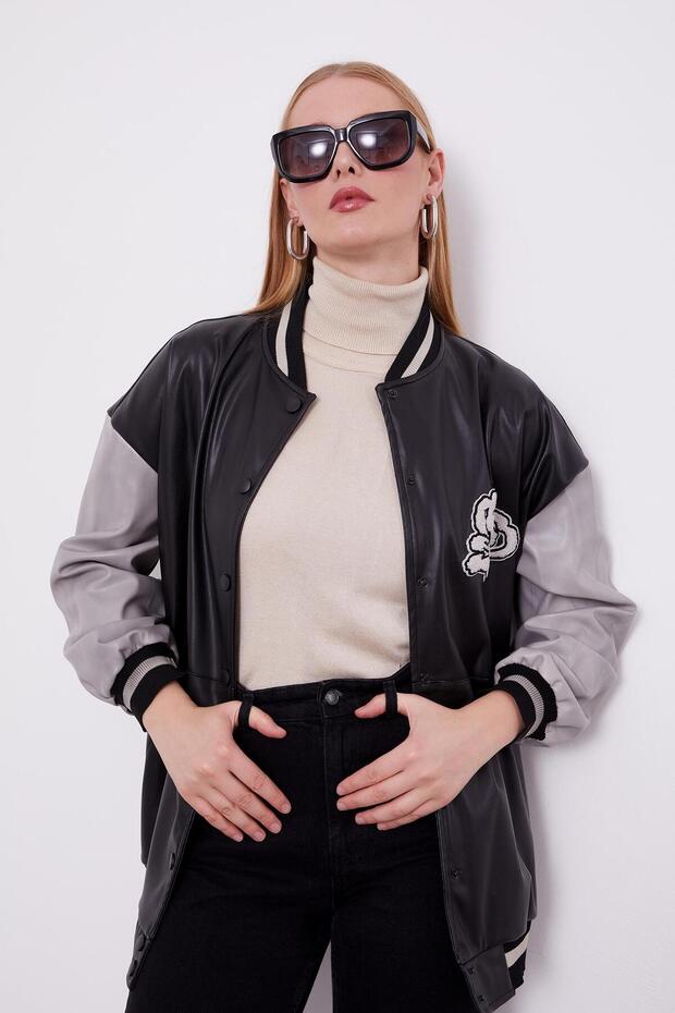 Siyah Nakış İşlemeli Bomber Ceket - 1