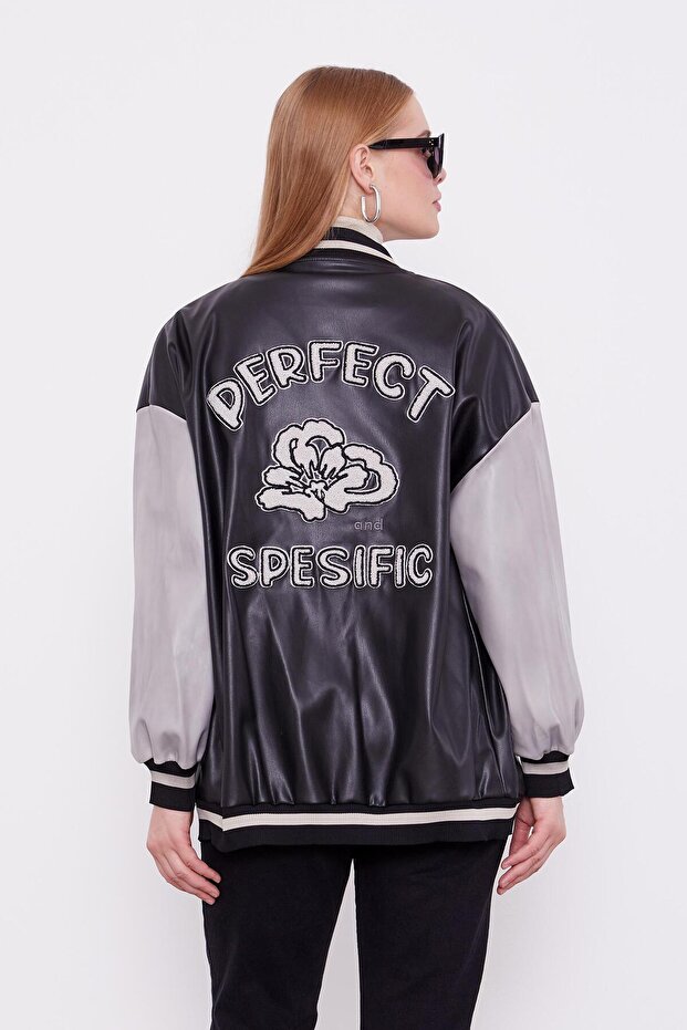 Siyah Nakış İşlemeli Bomber Ceket - 6
