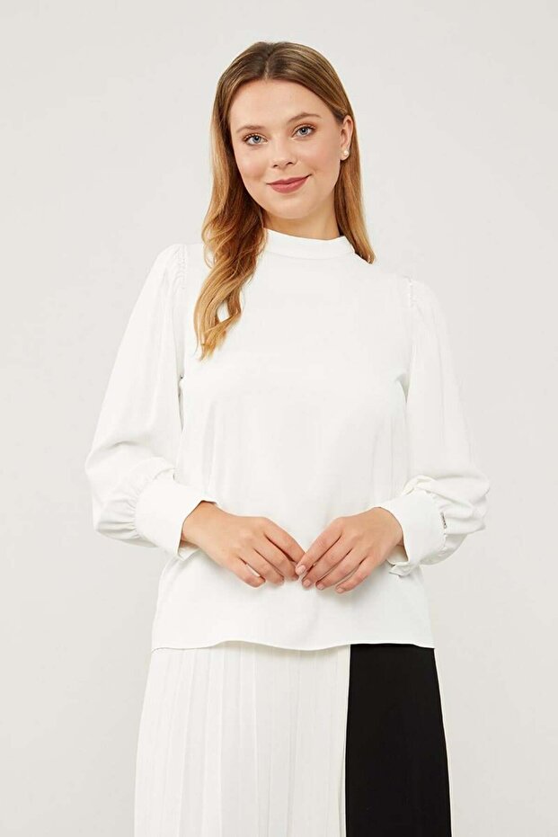 Ecru Shoulder Embroidered Chiffon Blouse