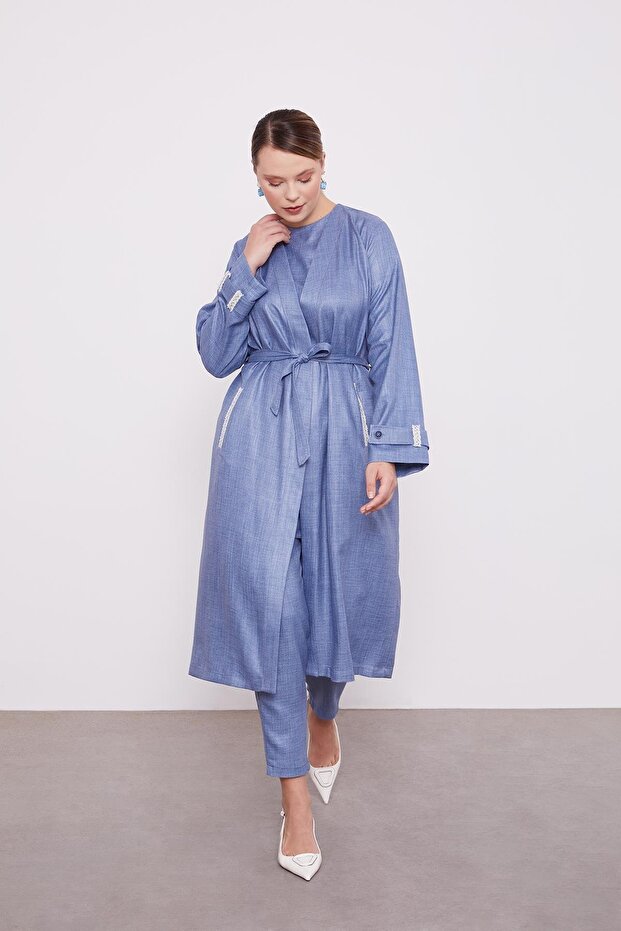 Blue Embroidered Melange Kimono Triple Set