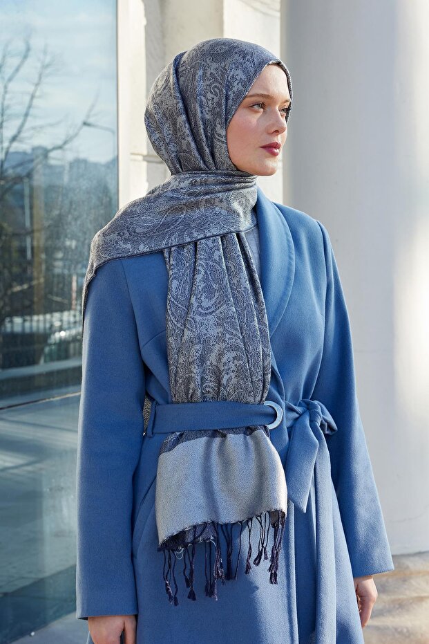 Navy Blue Tasseled Ethnic Cashmere Silk Shawl