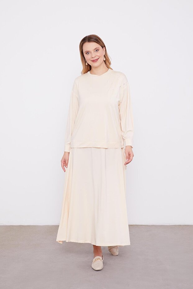 Beige Pearl Detailed Skirt Suit