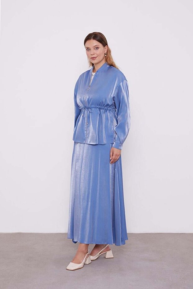 Indigo Satin Skirt Suit with Shrinkable Waist