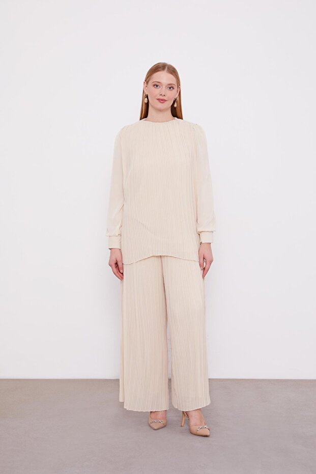 Beige Pleated Chiffon Double Set