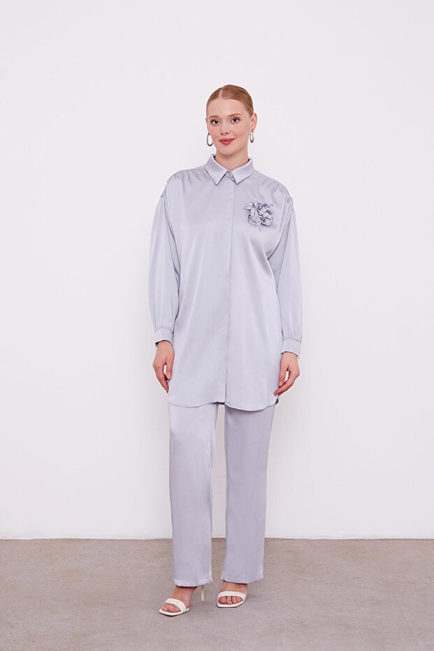 Satin Double Set with Gray Rose Brooch