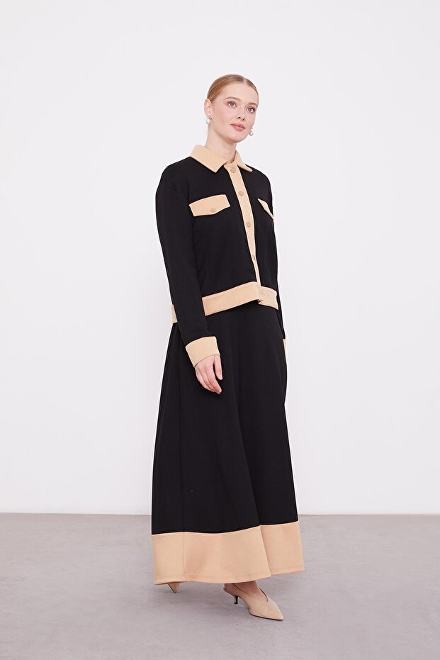 Black - Dark Beige Shirt and Skirt Set with Snap Buttons