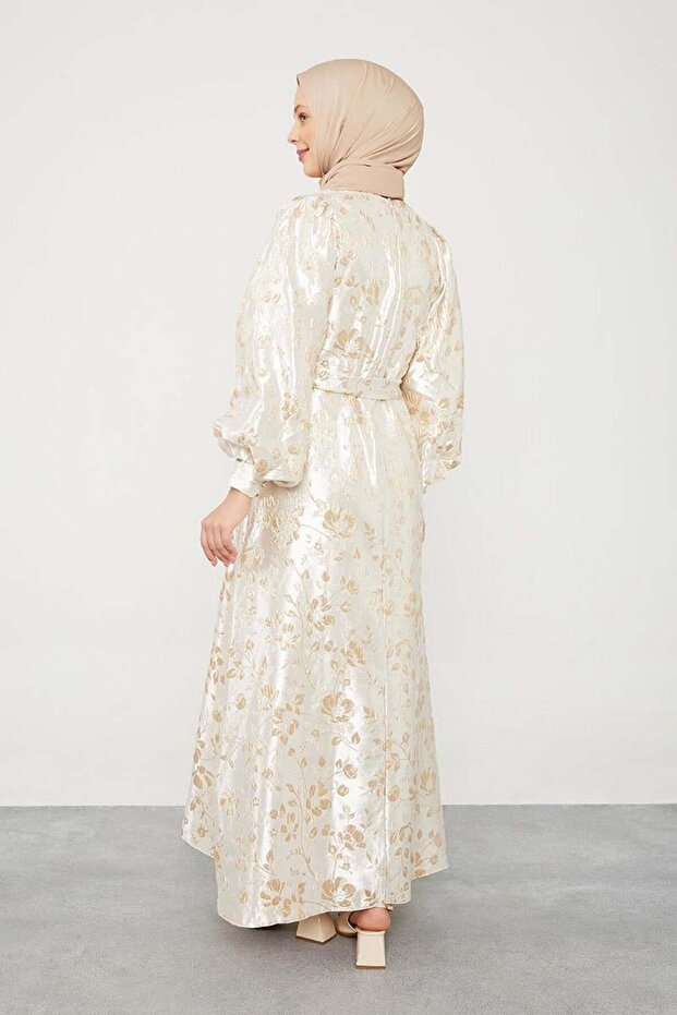 Bej Jakarlı Balon Kol Elbise - 6