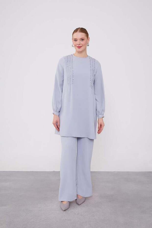 Gray Beaded Tunic Suit - 1