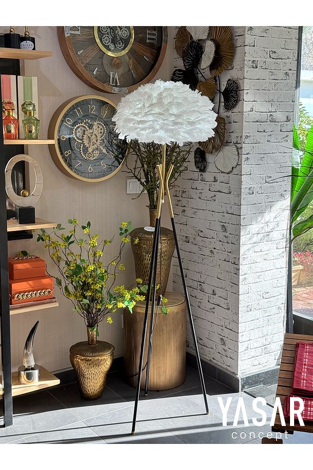 Kuş Tüyü Lambader, Kuş Tüylü Lambader, Tripod Metal Ayaklı Kuşlu Lambader - 1