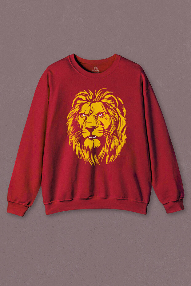 Unisex Red Sweatshirt Lion Head Yellow Red Mane Galata Lion Printed Sweat