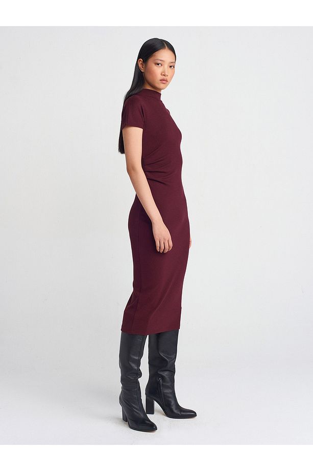 91297 Streç Örme Midi Elbise-Bordo - 1