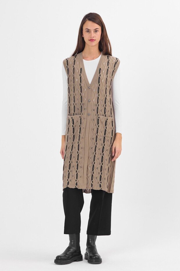 Women's Sand Glitter Twist Patterned Buttoned Seasonal Knitwear Long Vest