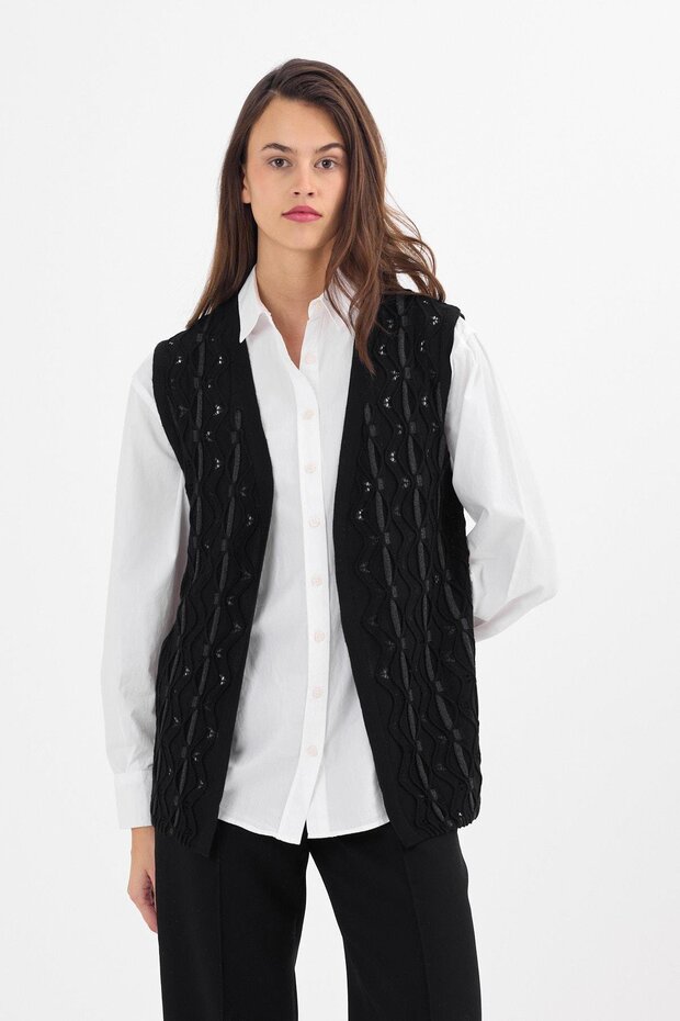 Women's Black Glittery Twisted Patterned Seasonal Knitwear Vest