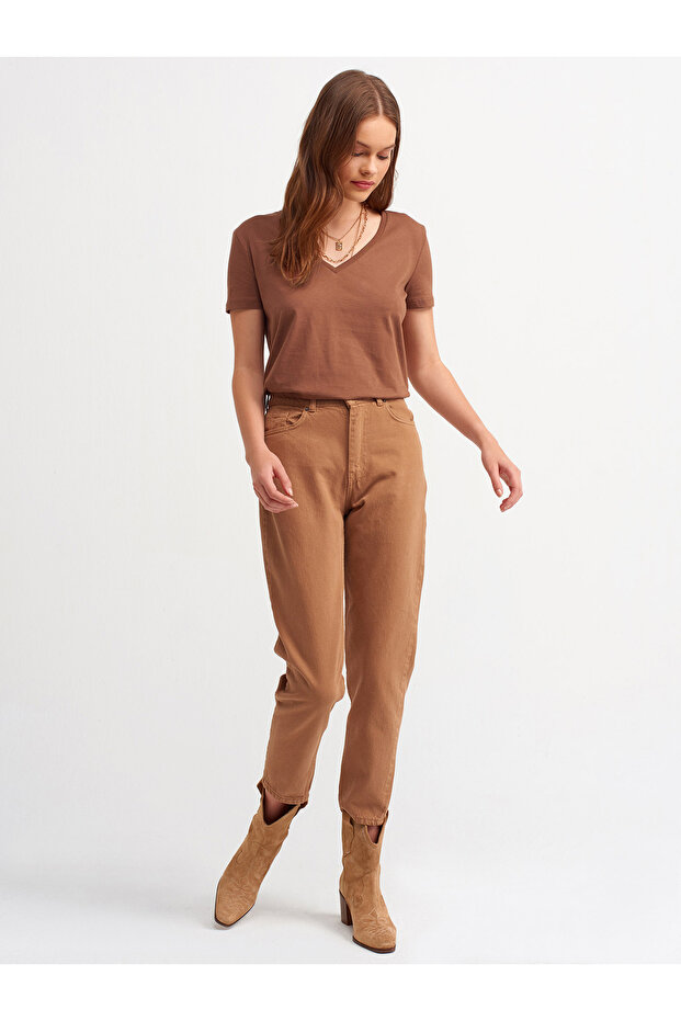 3470 V Yaka Basic T-Shirt-Kahve - 2