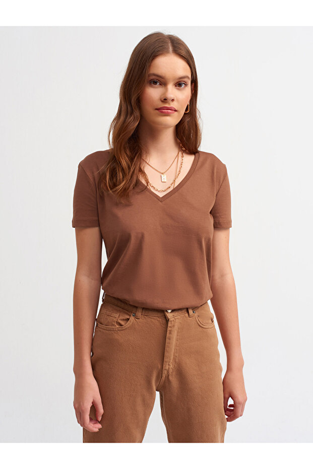 3470 V Yaka Basic T-Shirt-Kahve - 1