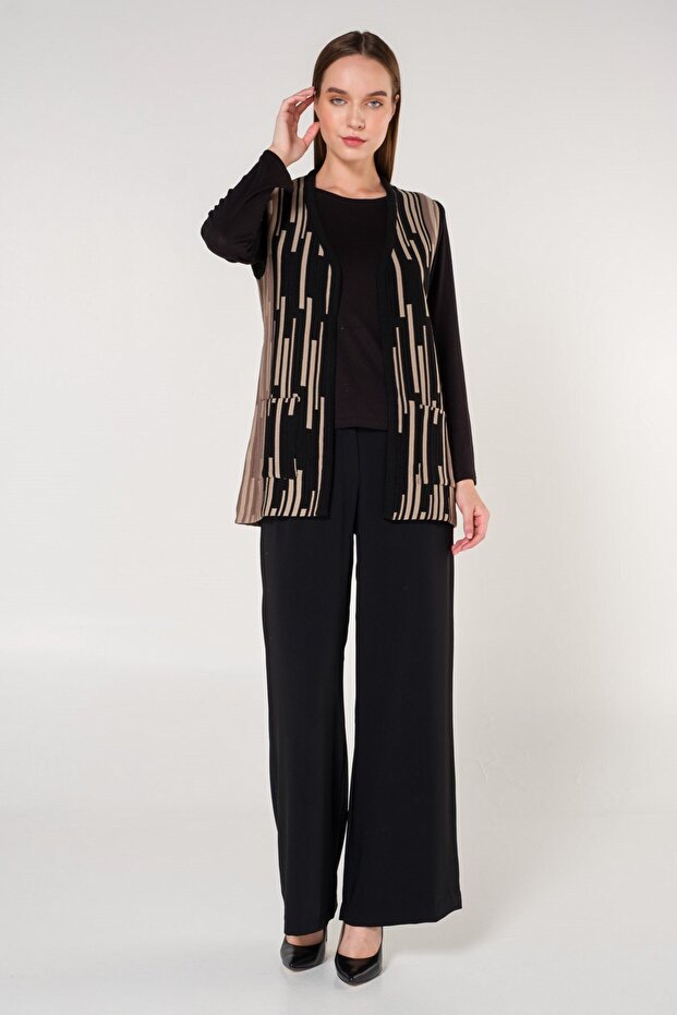Women's Black Striped Pocketed V-Neck Plaid Knitwear Mother Vest