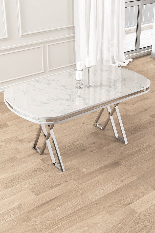 Zae Serisi 90x168 Lak Panel Beyaz Mermer Desen Krom Ayak Masa Takımı 6 Siyah Sandalye - 4