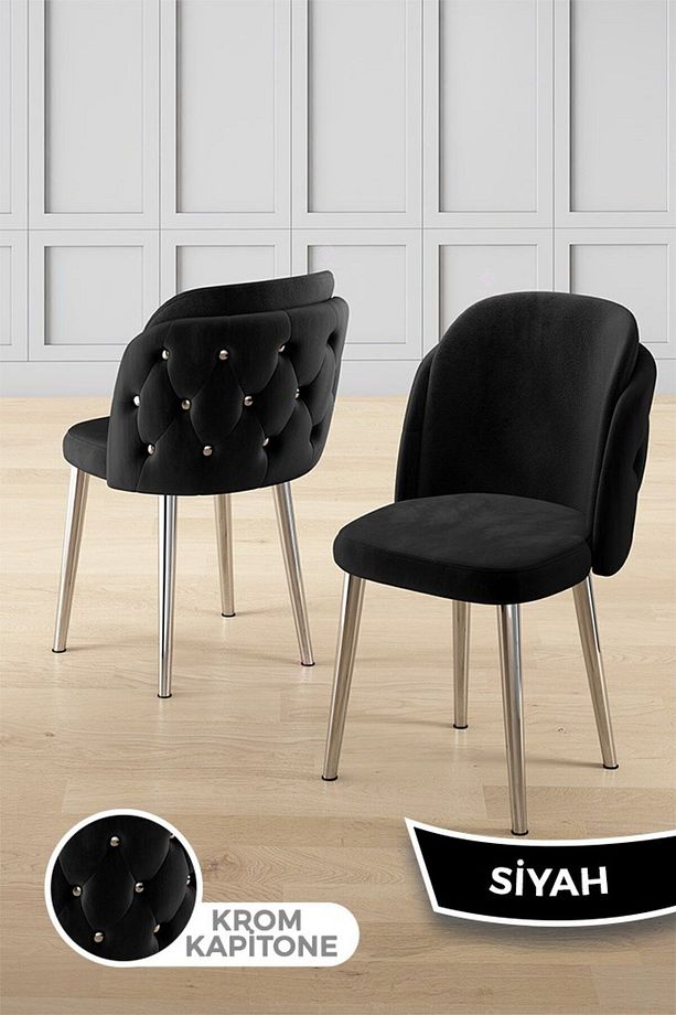 Zae Serisi 90x168 Lak Panel Beyaz Mermer Desen Krom Ayak Masa Takımı 6 Siyah Sandalye - 3