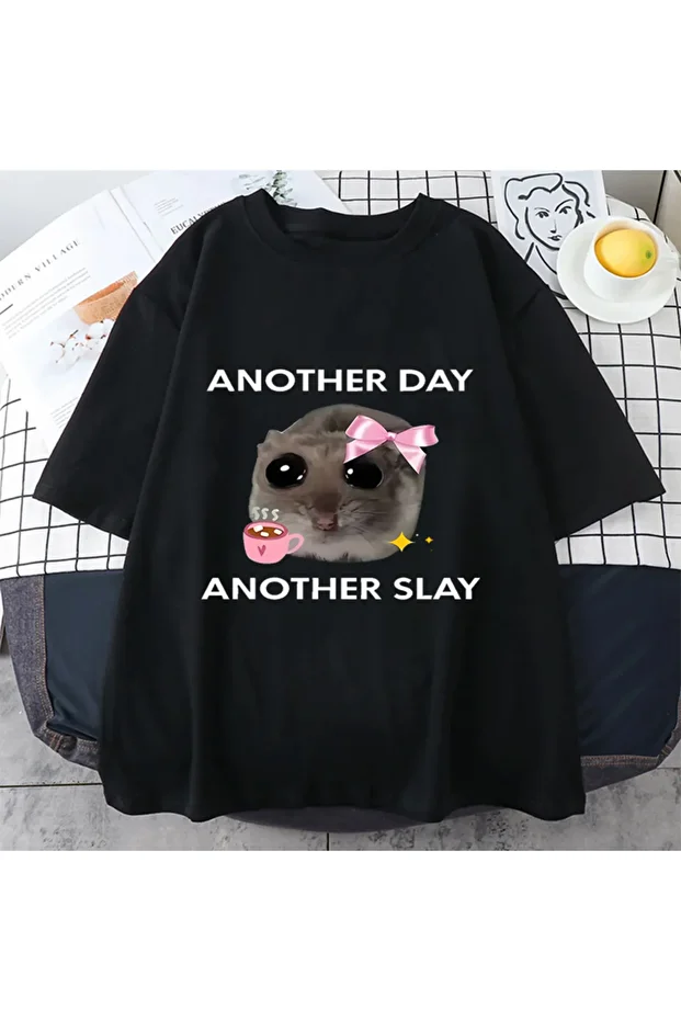 Üzgün Hamster başka bir gün Slay komik grafict-pamuk Kawaii Tshirt erkekler kadın bask - 1