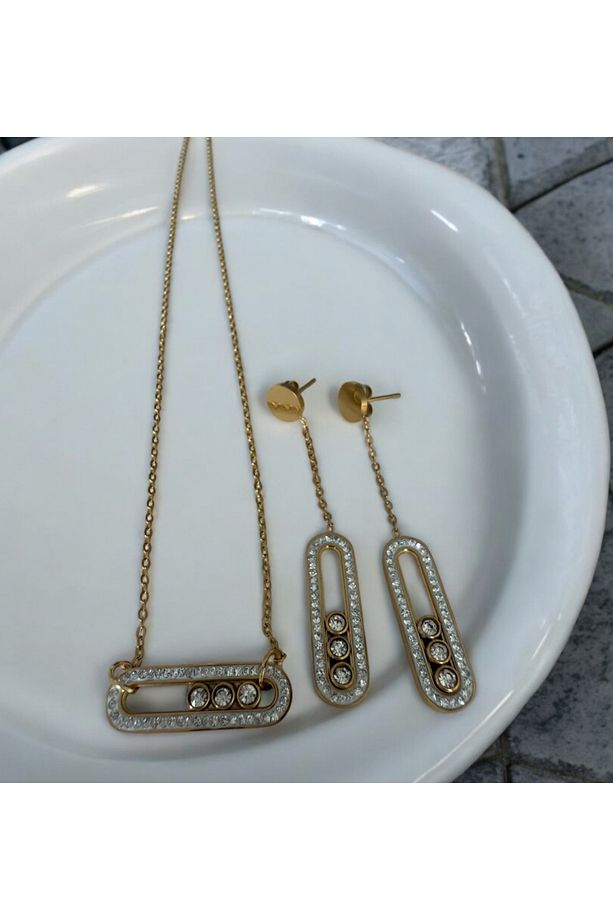 Messika Model Çelik Zirkon Taşlı Kolye Küpe Set - 1